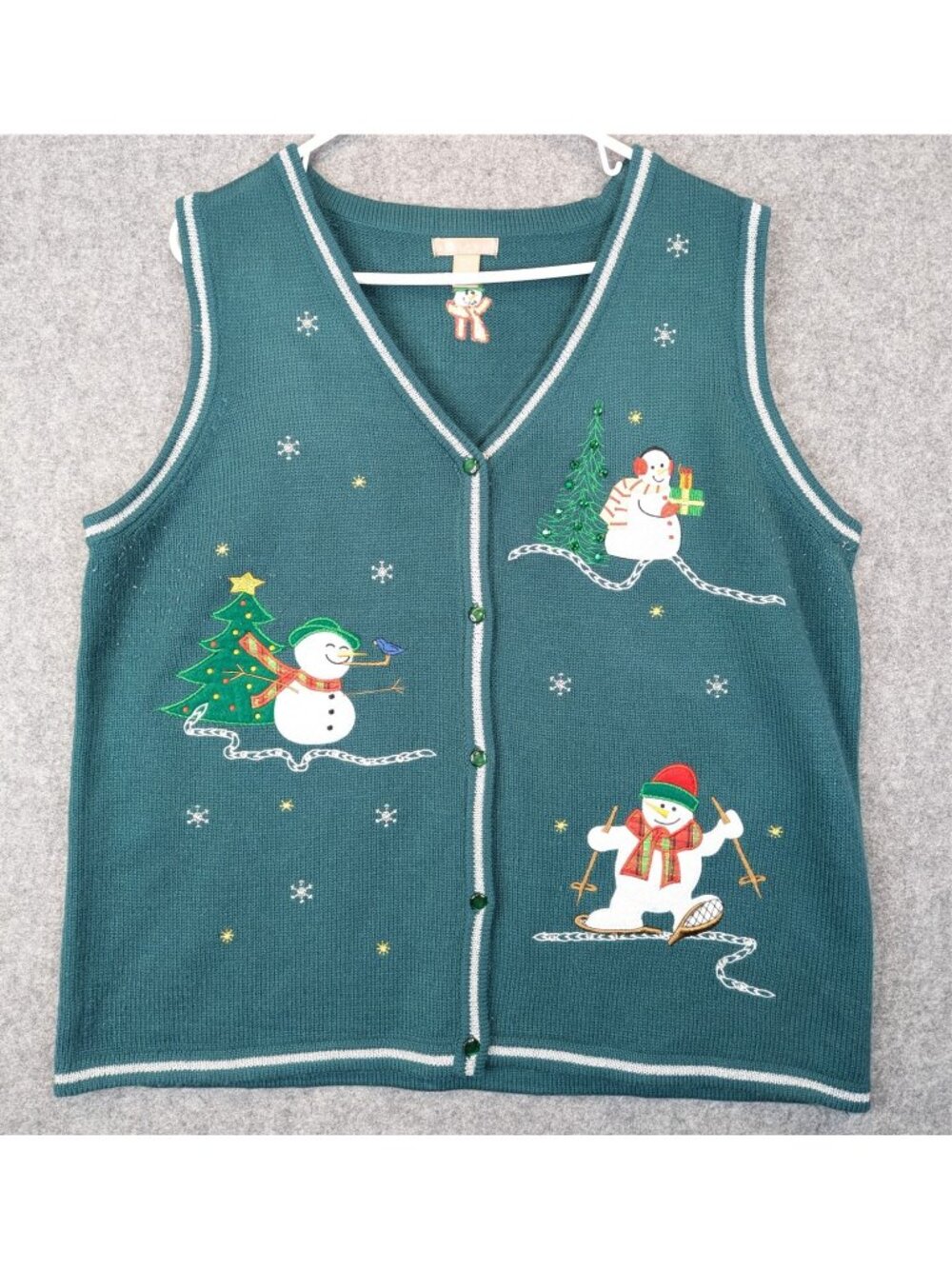 White Stag Womens XL Sweater Vest Vintage Green Snowman Christmas 16 18 Ugly - Picture 3 of 7